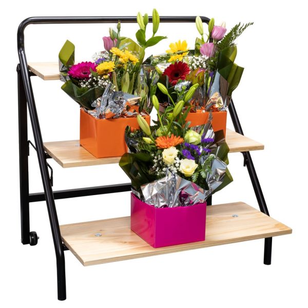 FPTWS-N - metal trolley with natural-coloured wooden shelves, with boxed flowers - isometric view
